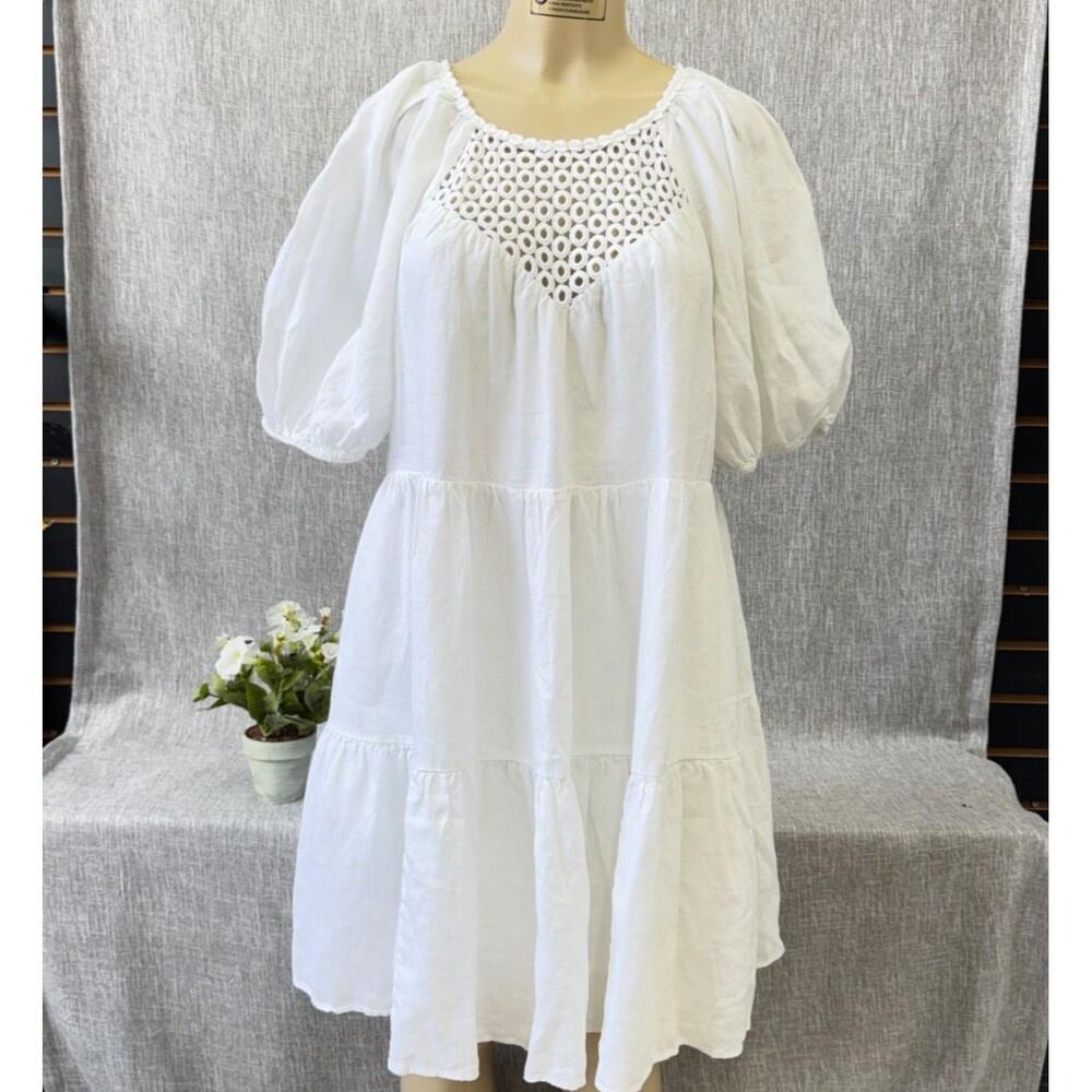 Lilly Pulitzer Charlet Short Puff sleeve dress Womens 14 White 100% Linen Casual